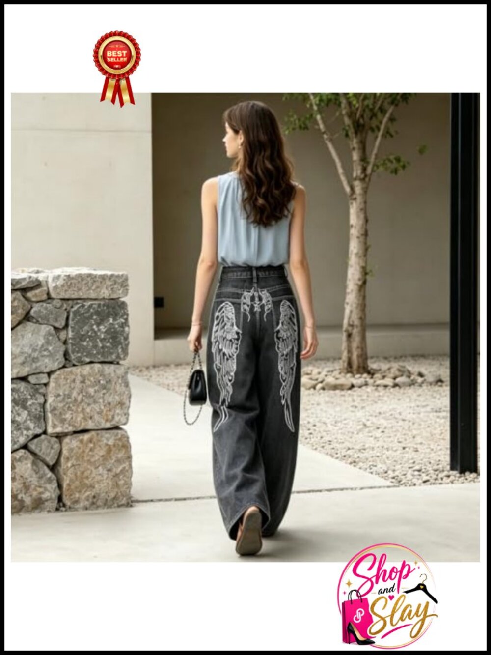 Wide Leg Baggy High Waisted Denim Jeans Loose Fit Y2K Graphic Streetwear Pants - Picture 5 of 6